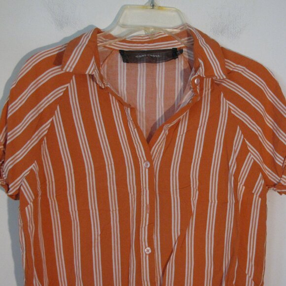 ** 2/$15 Code X Mode Blouse Small Orange White Stripes Tie Front Button Up - Picture 2 of 4